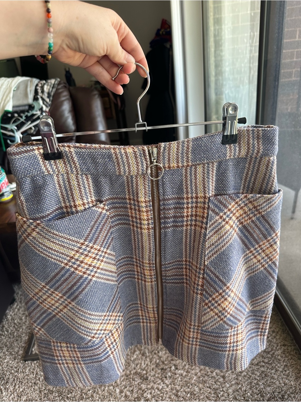 Plaid Front-Zip Mini Skirt Periwinkle Blue Purple & Tan